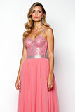 Sparkly Watermelon Spaghetti Straps Corset Long Prom Dress With Sequin