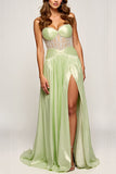 Sparkly Sage Sweetheart Sequined Long Prom Dress With Slit