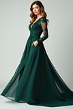 Pine A Line V Neck Lace Long Prom Dress with Long Sleeves