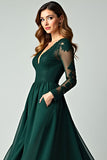 Pine A Line V Neck Lace Long Prom Dress with Long Sleeves