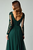 Pine A Line V Neck Lace Long Prom Dress with Long Sleeves