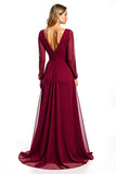 Burgundy A Line Chiffon Long Sleeve Mother of the Bride Dress