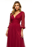 Burgundy Sheath Deep V Neck Long Sleeves Mother of the Bride Dress with Slit