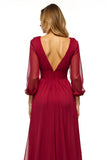 Burgundy Sheath Deep V Neck Long Sleeves Mother of the Bride Dress with Slit