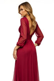 Burgundy Sheath Deep V Neck Long Sleeves Mother of the Bride Dress with Slit