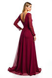 Burgundy A Line Chiffon Long Sleeve Mother of the Bride Dress