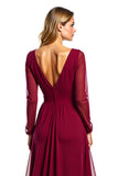 Burgundy A Line Chiffon Long Sleeve Mother of the Bride Dress