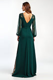 Pine Sheath Deep V Neck Long Sleeves Mother of the Bride Dress with Slit