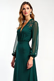 Pine Sheath Deep V Neck Long Sleeves Mother of the Bride Dress with Slit