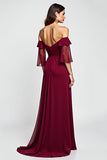 Burgundy Sheath Off the Shoulder Chiffon Mother of the Bride Dress with 3D Flower