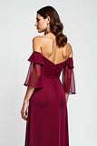 Burgundy Sheath Off the Shoulder Chiffon Mother of the Bride Dress with 3D Flower