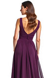 Purple Sheath V-Neck Pleated Chiffon Long Mother of the Bride Dress