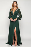 Pine Sheath Deep V Neck Long Sleeves Mother of the Bride Dress with Appliques