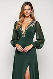 Pine Sheath Deep V Neck Long Sleeves Mother of the Bride Dress with Appliques