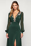 Pine Sheath Deep V Neck Long Sleeves Mother of the Bride Dress with Appliques