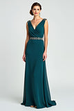 Peacock Sheath Wrap V-Neck Chiffon Mother of the Bride Dress with Beading