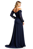 Navy Sheath Off the Shoulder Long Sleeves Chiffon Mother of the Bride Dress