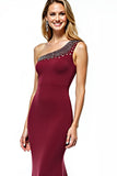 Glitter Burgundy Mermaid One Shoulder Long Mother of the Bride Dress with Beading