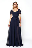 Navy Square Neck Short Sleeves A-Line Chiffon Long Mother of the Bride Dress