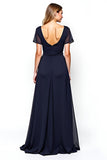 Navy Square Neck Short Sleeves A-Line Chiffon Long Mother of the Bride Dress