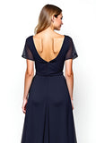 Navy Square Neck Short Sleeves A-Line Chiffon Long Mother of the Bride Dress