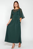 Pine Sheath Scoop Half Sleeves Chiffon Mother of the Bride Dress with Appliques