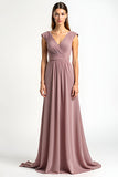 Dusty Rose A-Line Wrap V-Neck Pleating Chiffon Long Mother of the Bride Dress