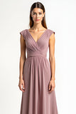 Dusty Rose A-Line Wrap V-Neck Pleating Chiffon Long Mother of the Bride Dress