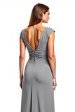 Silver Sheath V-Neck Cap Sleeves Ruched Long Mother of the Bride Dress