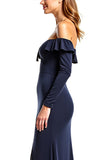 Navy Sheath Ruffled Off the Shoulder Long Sleeves Mother of the Bride Dress