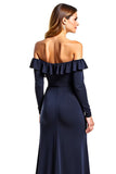 Navy Sheath Ruffled Off the Shoulder Long Sleeves Mother of the Bride Dress