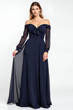 Navy Sheath Off the Shoulder Chiffon Long Mother of the Bride Dress with Bow