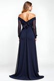 Navy Sheath Off the Shoulder Chiffon Long Mother of the Bride Dress with Bow