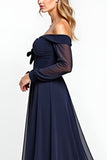 Navy Sheath Off the Shoulder Chiffon Long Mother of the Bride Dress with Bow