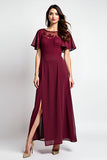 Burgundy Sheath Ruffle Sleeves Laced Chiffon Long Mother of the Bride Dress with Slit