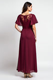 Burgundy Sheath Ruffle Sleeves Laced Chiffon Long Mother of the Bride Dress with Slit