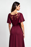 Burgundy Sheath Ruffle Sleeves Laced Chiffon Long Mother of the Bride Dress with Slit