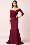 Burgundy Sheath Off the Shoulder 3/4 Sleeves Ruched Long Mother of the Bride Dress with 3D Flower