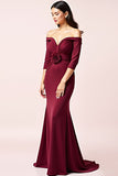 Burgundy Sheath Off the Shoulder 3/4 Sleeves Ruched Long Mother of the Bride Dress with 3D Flower