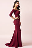 Burgundy Sheath Off the Shoulder 3/4 Sleeves Ruched Long Mother of the Bride Dress with 3D Flower