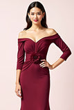 Burgundy Sheath Off the Shoulder 3/4 Sleeves Ruched Long Mother of the Bride Dress with 3D Flower