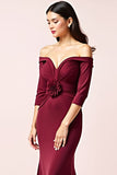 Burgundy Sheath Off the Shoulder 3/4 Sleeves Ruched Long Mother of the Bride Dress with 3D Flower