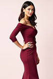 Burgundy Sheath Off the Shoulder 3/4 Sleeves Ruched Long Mother of the Bride Dress with 3D Flower