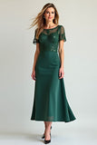 Pine Sheath Short Sleeves Tea Length Mother of the Bride Dress with Beading