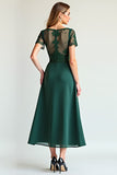 Pine Sheath Short Sleeves Tea Length Mother of the Bride Dress with Beading