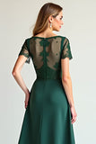 Pine Sheath Short Sleeves Tea Length Mother of the Bride Dress with Beading