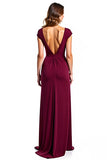 Burgundy Sheath V-Neck Cap Sleeves Ruched Long Mother of the Bride Dress with Slit