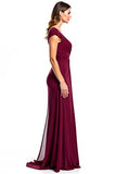 Burgundy Sheath V-Neck Cap Sleeves Ruched Long Mother of the Bride Dress with Slit