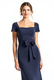 Navy Sheath Square Neck Short Sleeves Long Mother of the Bride Dress with Bow