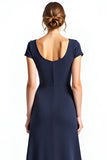 Navy Sheath Square Neck Short Sleeves Long Mother of the Bride Dress with Bow